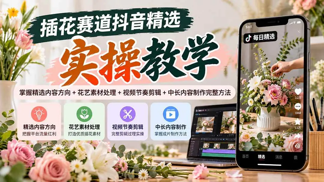 （20775期）插花赛道抖音精选实操教学：掌握精选内容方向+花艺素材处理+视频节奏剪辑+中长内容制作完整方法-706资源网