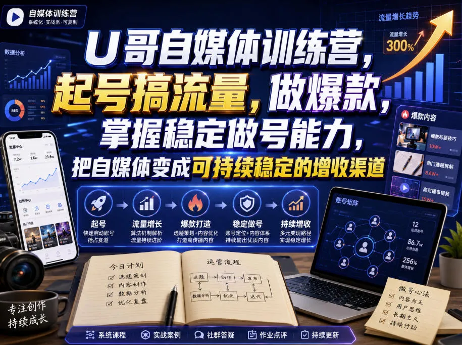 U哥自媒体训练营，起号搞流量，做爆款，掌握稳定做号能力，把自媒体变成可持续稳定的增收渠道-706资源网