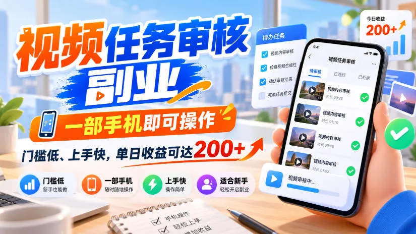 视频任务审核副业，一部手机即可操作，门槛低、上手快，单日收益可达200+【揭秘】-706资源网