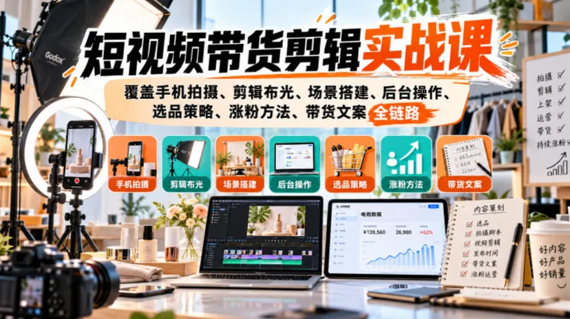 短视频带货剪辑实战课，覆盖手机拍摄、剪辑布光、场景搭建、后台操作、选品策略、涨粉方法、带货文案全链路-706资源网