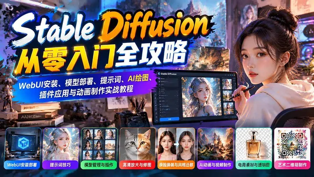 (21062期)Stable Diffusion从零入门全攻略:WebUI安装、模型部署、提示词、AI绘图、插件应用与动画制作实战教程-706资源网
