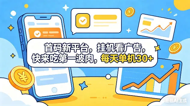 首码新平台，挂G自动看广告，快来吃第一波肉，每天单机30+，可矩阵放大【揭秘】-706资源网