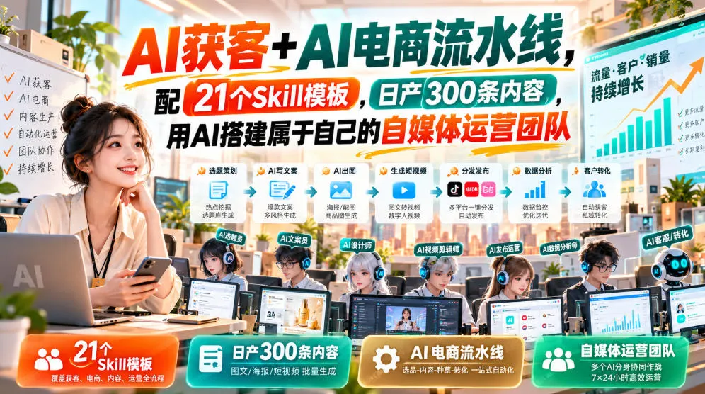 AI获客+AI电商流水线，配21个Skill模板，日产300条内容，用AI搭建属于自己的自媒体运营团队-706资源网