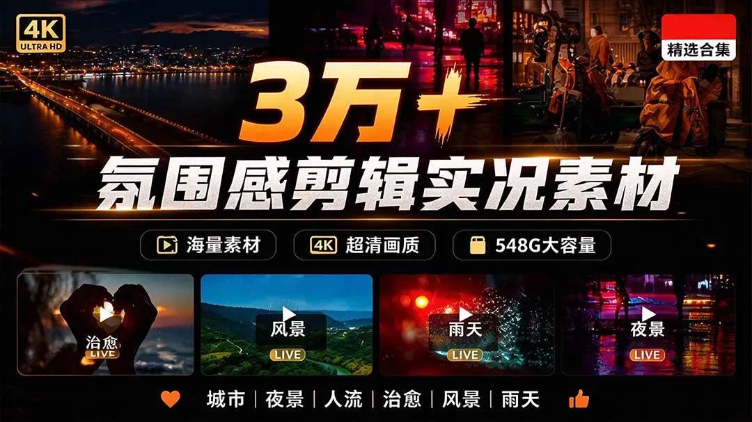 （21009期）氛围感3万+海量高清剪辑实况素材，含雨天、雪天、夜景、街道等经典场景，伤感唯美励志短视频无水印素材-706资源网