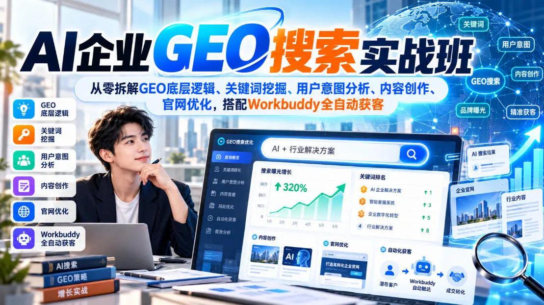 AI企业GEO搜索实战班，从零拆解GEO底层逻辑、关键词挖掘、用户意图分析、内容创作、官网优化，搭配Workbuddy全自动获客-706资源网