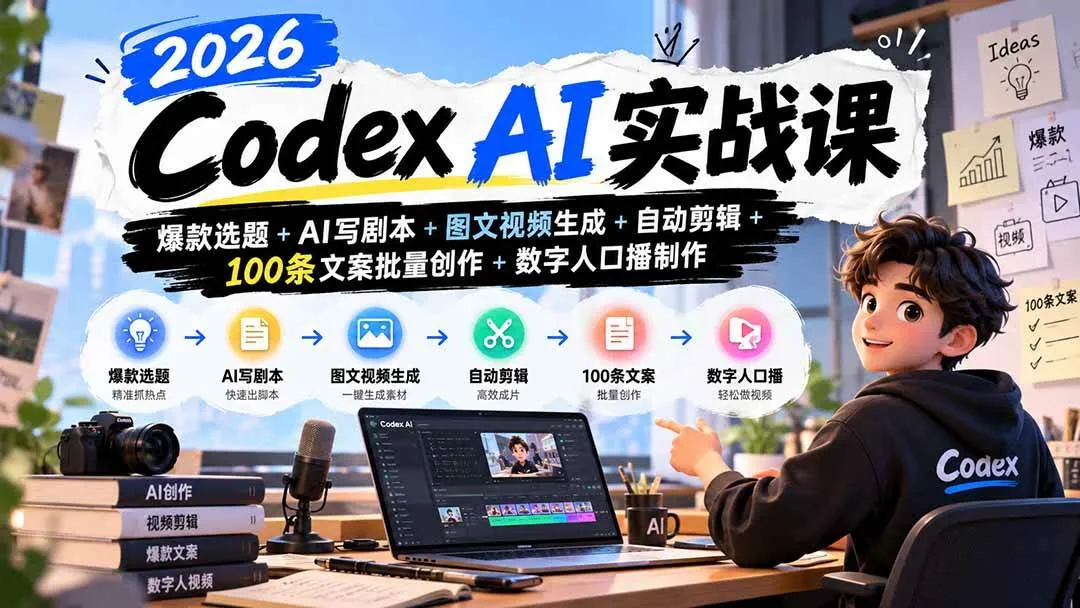 (20899期)2026Codex AI实战课:爆款选题+AI写剧本+图文视频生成+自动剪辑+100条文案批量创作+数字人口播制作-706资源网