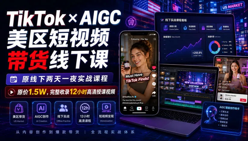 TikTok×AIGC美区短视频带货线下课，原线下两天一夜实战课程，原价1.5W，完整收录12小时高清授课视频-706资源网
