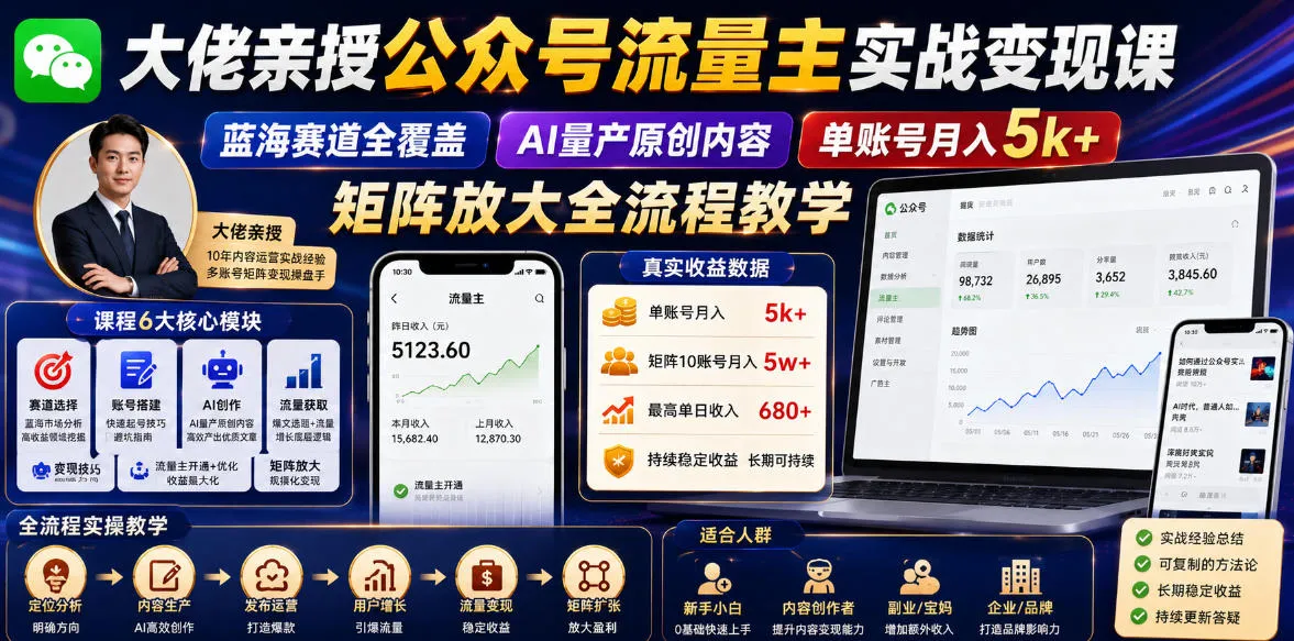 大佬亲授公众号流量主实战变现课，蓝海赛道全覆盖，AI量产原创内容，单账号月入5k+矩阵放大全流程教学-706资源网
