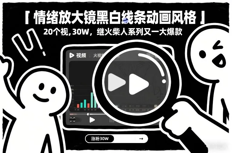 情绪放大镜黑白线条动画风格，20个视频，涨粉30W，继火柴人系列又一大爆款-706资源网