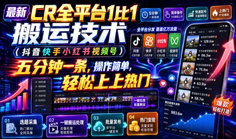 最新CR全平台1比1搬运技术(抖音快手小红书视频号)五分钟分钟一条，操作简单，轻松上热门(教程+软件+参数)-706资源网