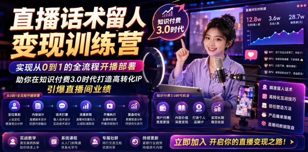 直播话术留人变现训练营，实现从0到1的全流程开播部署，助你在知识付费3.0时代打造高转化IP，引爆直播间业绩-706资源网
