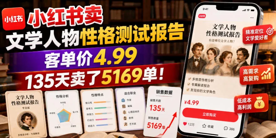 小红书卖文学人物性格测试报告，客单价4.99，135天卖了5169单！-706资源网