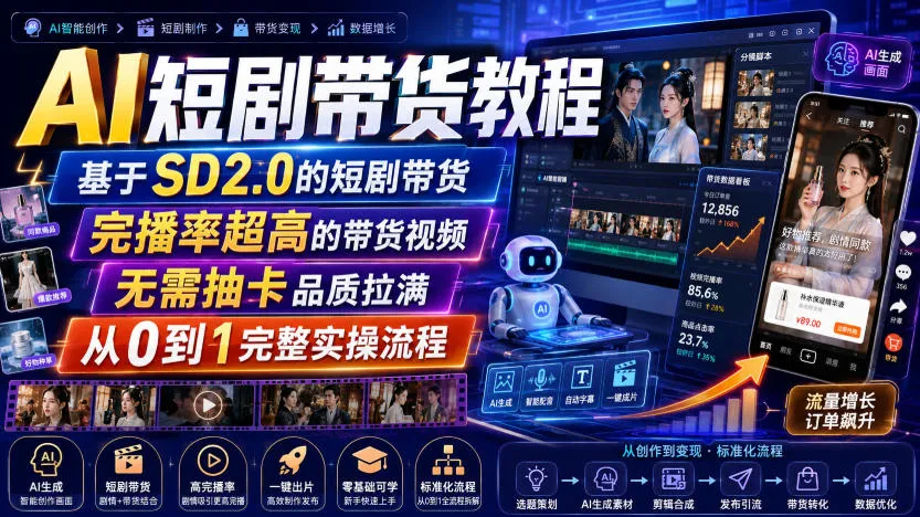 AI短剧带货教程,基于SD2.0的短剧带货,完播率超高的带货视频,无需抽卡品质拉满,从0到1完整实操流程-706资源网