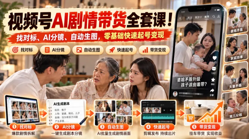 视频号AI剧情带货全套课！找对标、AI分镜、自动生图，零基础快速起号变现-706资源网