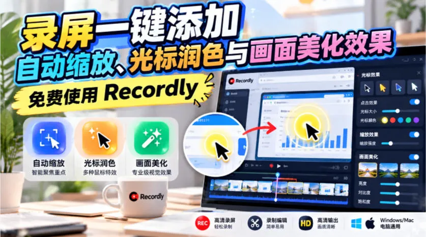 录屏一键添加自动缩放、光标润色与画面美化效果,免费使用Recordly-706资源网