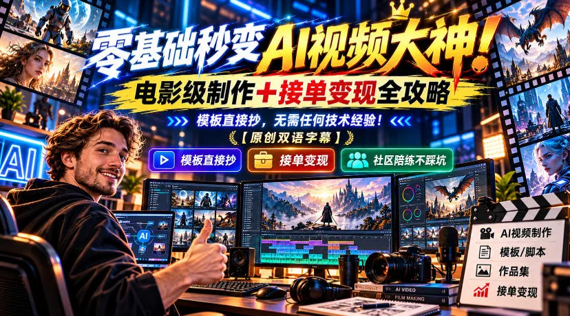零基础秒变AI视频大神!电影级制作+接单变现全攻略,模板直接抄,无需任何技术经验!【原创双语字幕】