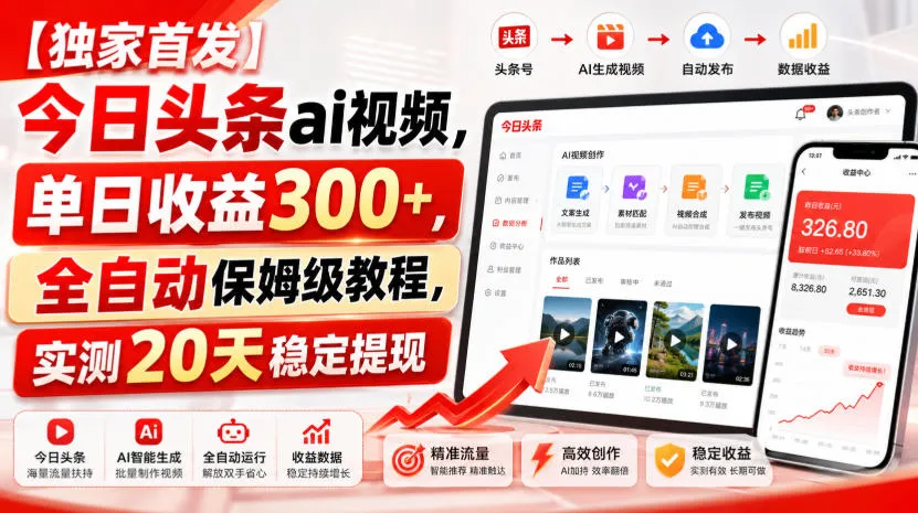 【独家首发】今日头条ai视频，单日收益300+，全自动保姆级教程，实测20天稳定提现【揭秘】-706资源网