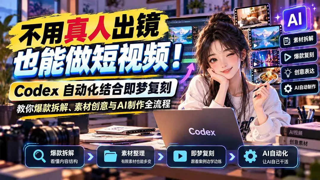 (20988期)不用真人出镜也能做短视频!Codex自动化结合即梦复刻,教你爆款拆解、素材创意与AI制作全流程 (20988期)不用真人出镜也能做短视频!Codex自动化结合即梦复刻,教你爆款拆解、素材创意与AI制作全流程