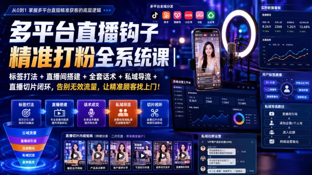 多平台直播钩子精准打粉全系统课|标签打法+直播间搭建+全套话术+私域导流+直播切片闭环,告别无效流量,让精准顾客找上门!-706资源网