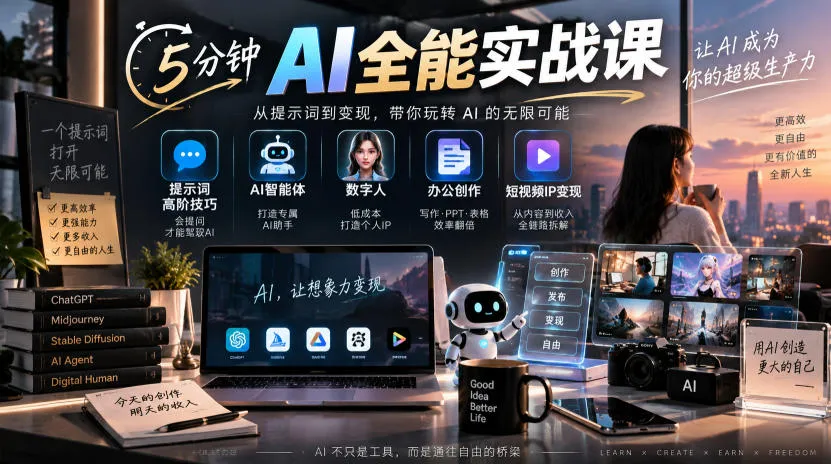 5分钟AI全能实战课｜提示词高阶技巧+AI智能体+数字人+办公创作+短视频IP变现全教程-706资源网