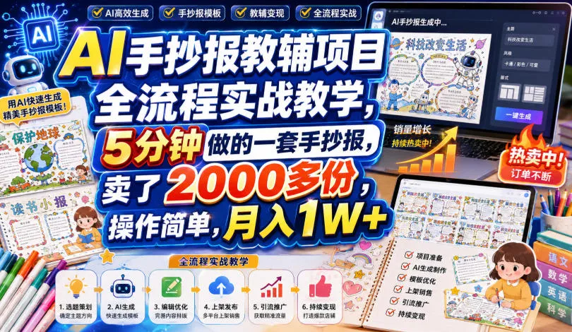 AI手抄报教辅项目全流程实战教学,5分钟做的一套手抄报,卖了2000多份,操作简单,月入1W+