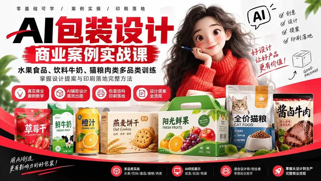 （20387期）AI包装设计商业案例实战课：水果食品、饮料牛奶、猫粮肉类多品类训练，掌握设计提案与印刷落地完整方法