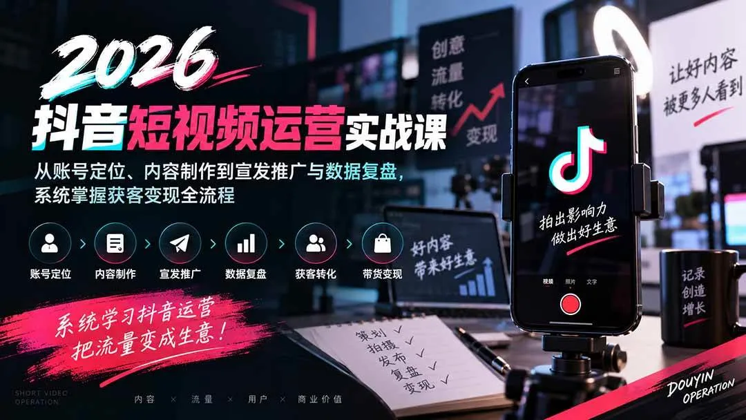 (20406期)2026抖音短视频运营实战课:从账号定位、内容制作到宣发推广与数据复盘,系统掌握获客变现全流程-706资源网