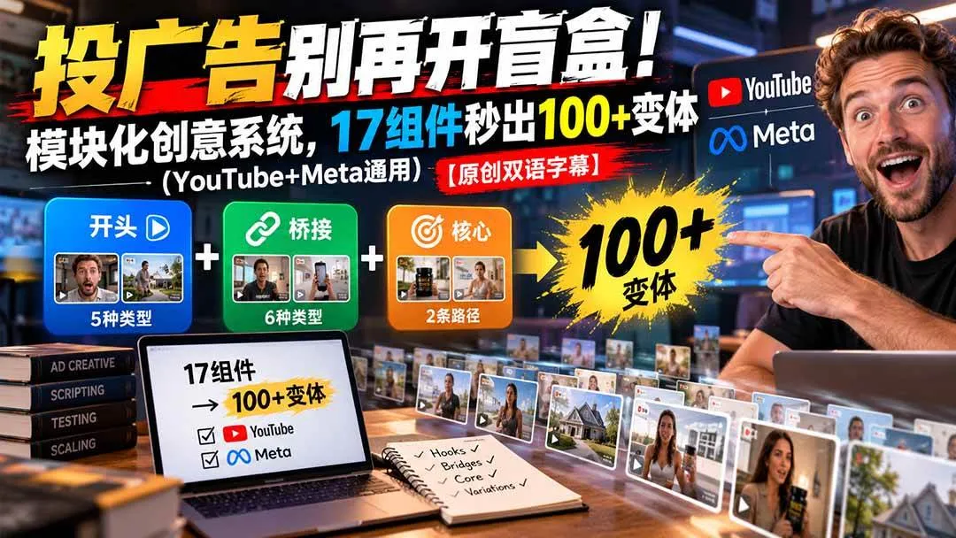 （20840期）投广告别再开盲盒！模块化创意系统，17组件秒出100+变体（YouTube+Meta通用）【原创双语字幕】-706资源网