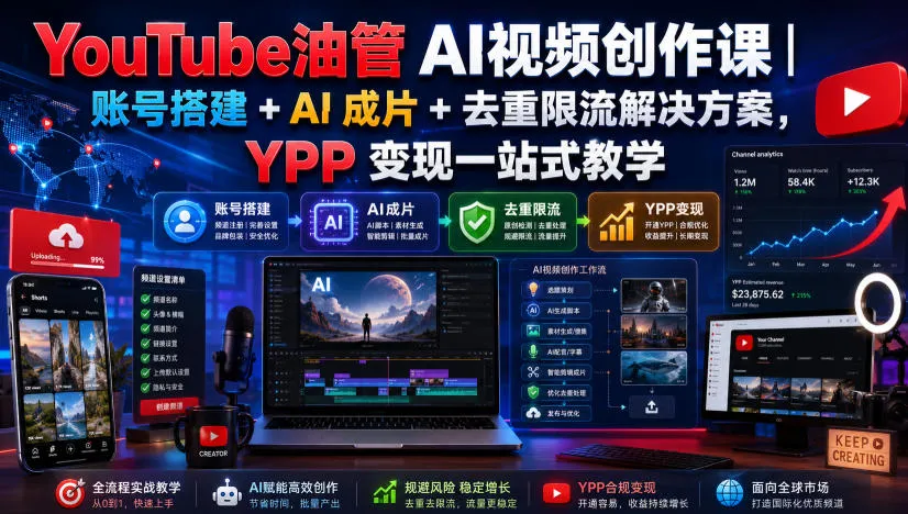 YouTube油管AI视频创作课|账号搭建+AI成片+去重限流解决方案,YPP变现一站式教学(更新0925)-706资源网