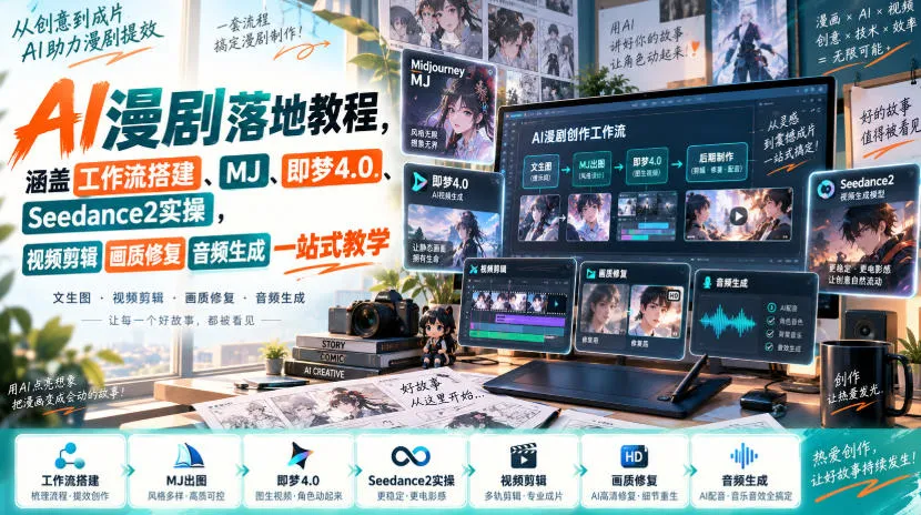 AI漫剧落地教程，涵盖工作流搭建、MJ、即梦4.0、Seedance2实操，视频剪辑画质修复音频生成一站式教学-706资源网