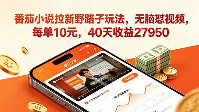 番茄小说拉新野路子玩法，无脑怼视频，每单10元，40天收益27950-706资源网