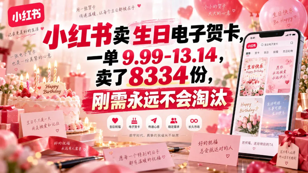 小红书卖生日电子贺卡,一单9.99-13.14,卖了8334份,刚需永远不会淘汰-706资源网