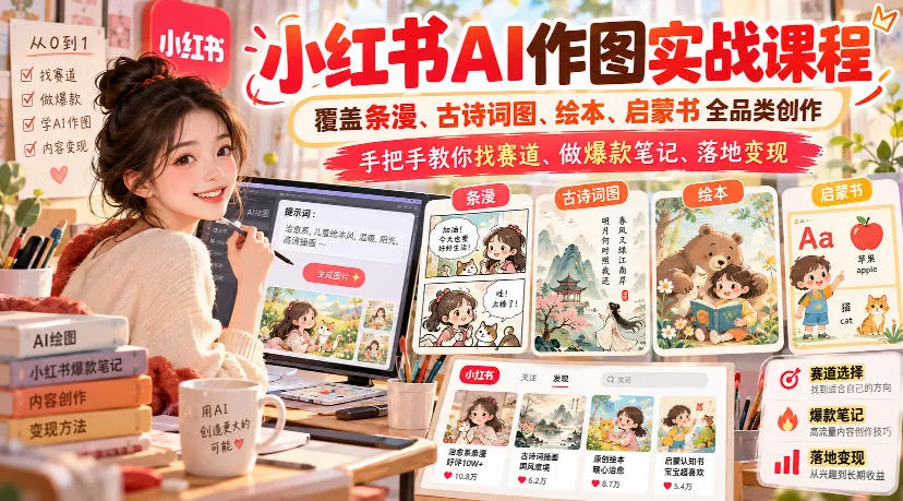小红书AI作图实战课程，覆盖条漫、古诗词图、绘本、启蒙书全品类创作，手把手教你找赛道、做爆款笔记、落地变现-706资源网