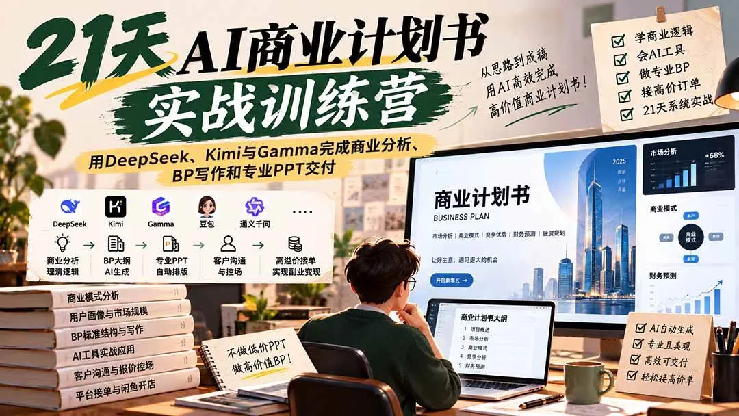 （20637期）【无水印】21天AI商业计划书实战训练营：用DeepSeek、Kimi与Gamma完成商业分析、BP写作和专业PPT交付-706资源网