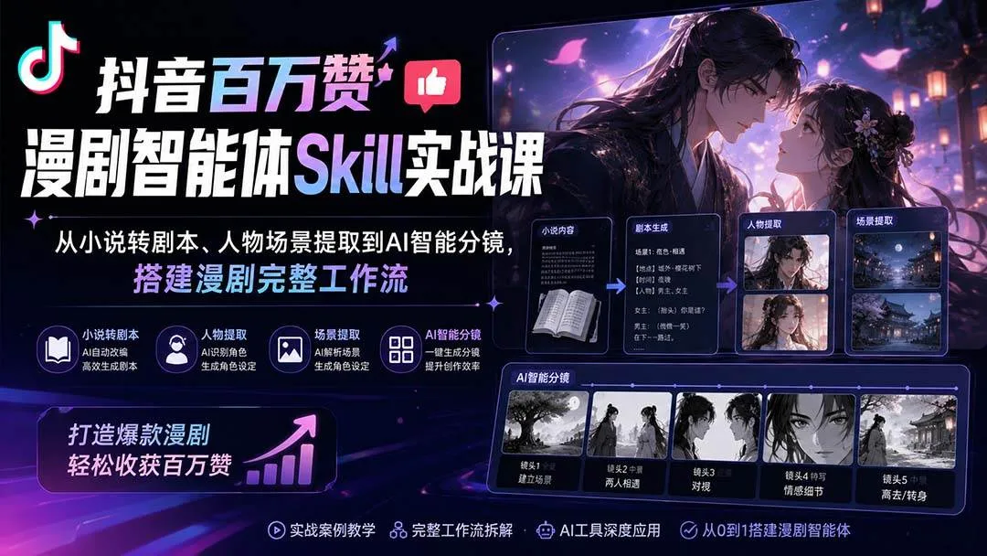 (20172期)抖音百万赞漫剧智能体Skill实战课:从小说转剧本、人物场景提取到AI智能分镜,搭建漫剧完整工作流-706资源网