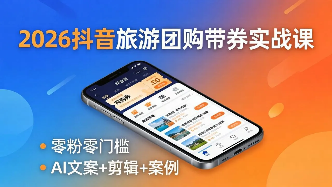 2026抖音旅游团购带券实战课：零粉零门槛，AI文案+剪辑+案例，躺着赚门票佣金-706资源网