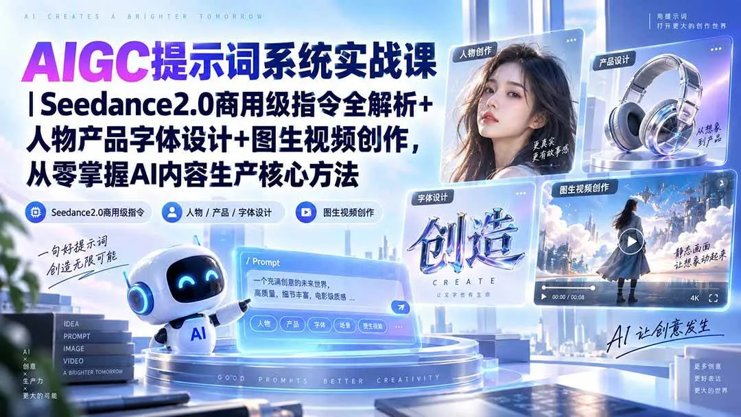(20559期)AIGC提示词系统实战课-无水印|Seedance2.0商用级指令全解析+人物产品字体设计+图生视频创作,掌握AI内容生产方法-706资源网