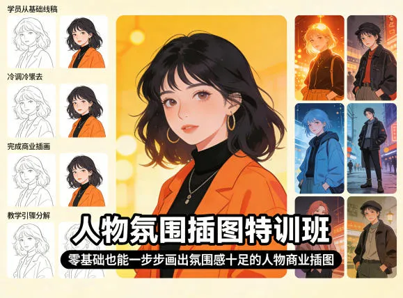 人物氛围插图特训班，零基础也能一步步画出氛围感十足的人物商业插图-706资源网