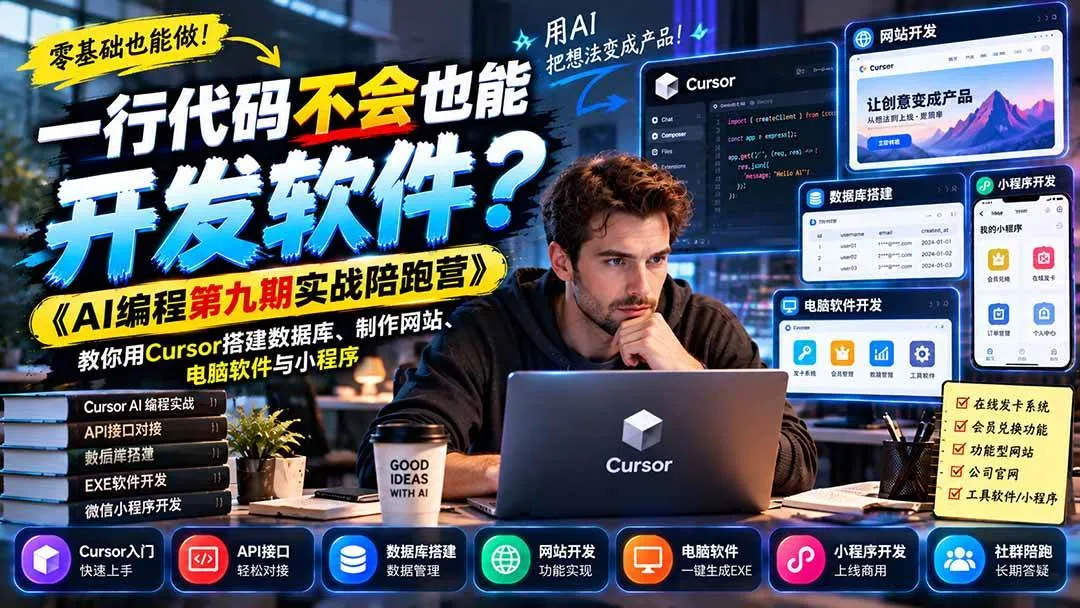 （21146期）一行代码不会也能开发软件？《AI编程第九期实战陪跑营》教你用Cursor搭建数据库、制作网站、电脑软件与小程序-706资源网