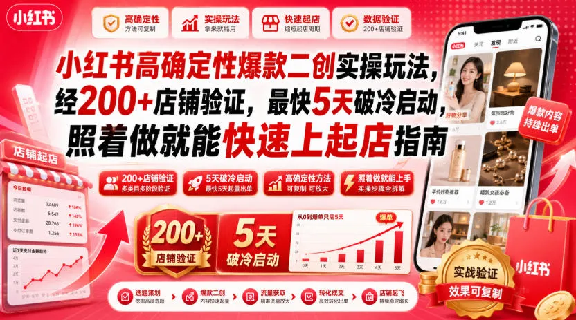 小红书高确定性爆款二创实操玩法，经200+店铺验证，最快5天破冷启动，照着做就能快速上起店指南-706资源网