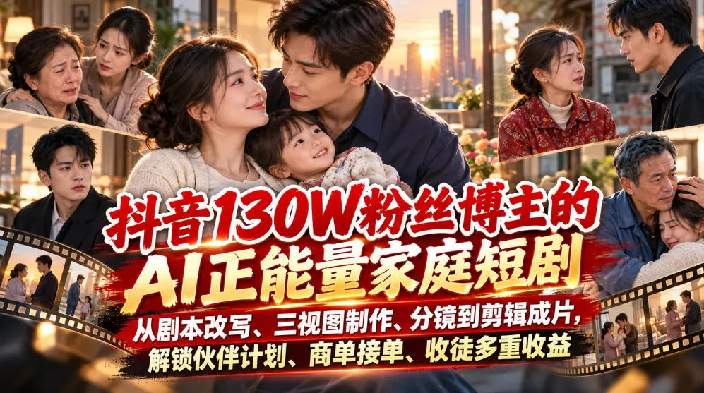 抖音130W粉丝博主的AI正能量家庭短剧,从剧本改写、三视图制作、分镜到剪辑成片,解锁伙伴计划、商单接单、收徒多重收益-706资源网