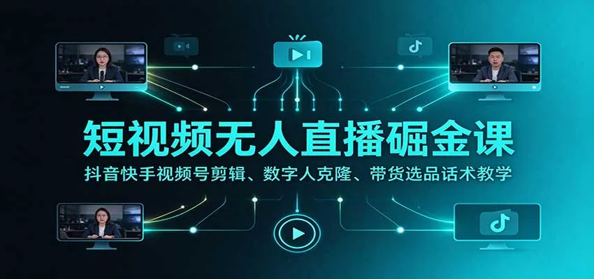 短视频无人直播掘金课：抖音快手视频号剪辑、数字人克隆、带货选品话术教学-706资源网