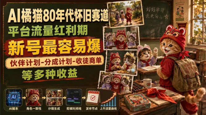 AI橘猫80年代怀旧赛道，平台流量红利期，新号最容易爆，伙伴计划-分成计划-收徒商单等多种收益-706资源网
