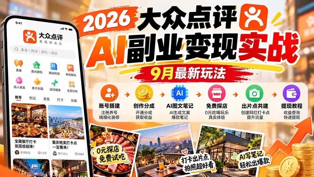 （20873期）2026大众点评AI副业变现实战9月最新玩法：账号搭建+创作分成+AI图文笔记+免费探店+出片点共建与提现教程-706资源网