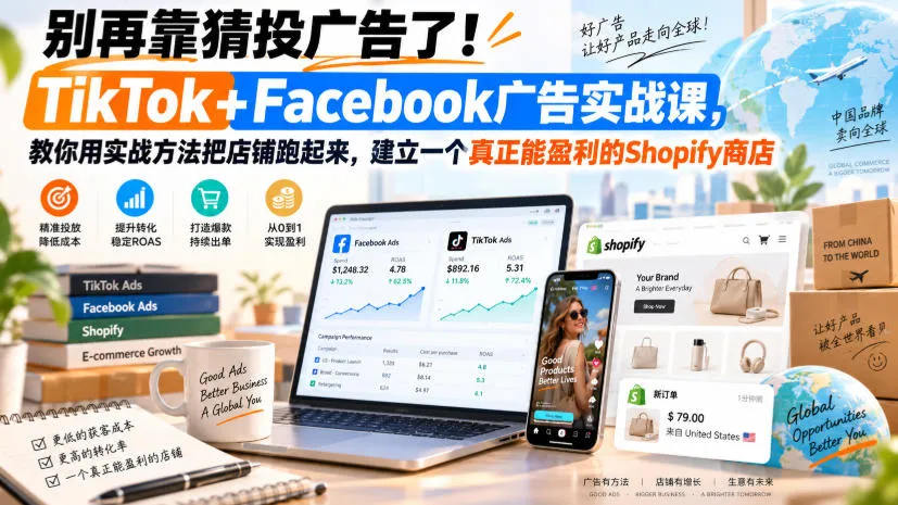 别再靠猜投广告了！TikTok+Facebook广告实战课，教你用实战方法把店铺跑起来，建立一个真正能盈利的Shopify商店【原创双语字幕】-706资源网