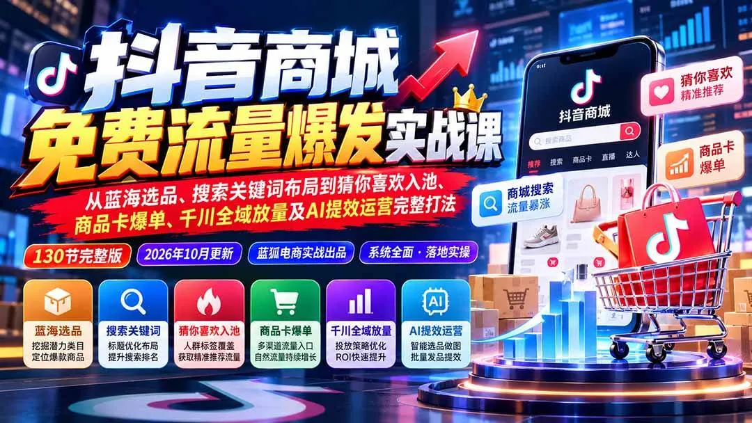 (20959期)抖音商城免费流量爆发实战:从蓝海选品、搜索关键词布局到猜你喜欢入池、商品卡爆单、千川全域放量及AI提效完整打法-706资源网