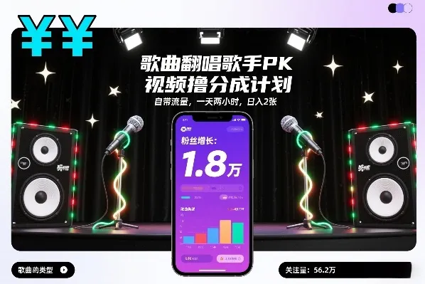 歌曲翻唱歌手PK视频撸分成计划,自带流量,一天两小时,日入2张-706资源网