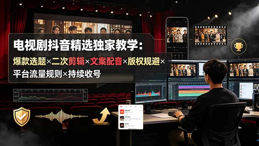 电视剧抖音精选独家教学：爆款选题×二次剪辑×文案配音×版权规避×平台流量规则×持续收益账号-706资源网