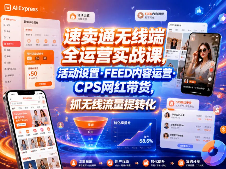 速卖通无线端全运营实战课,活动设置・FEED内容运营・CPS网红带货,抓无线流量提转化-706资源网