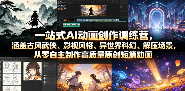 一站式AI动画创作训练营，涵盖古风武侠、影视风格、异世界科幻、解压场景，从零自主制作高质量原创短篇动画-706资源网